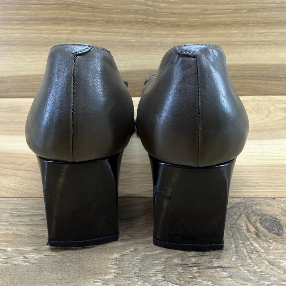 Bally Vintage 90's Pumps Fandera Olive 8 M Square Toe‎ Cap Toe Career Minimalist